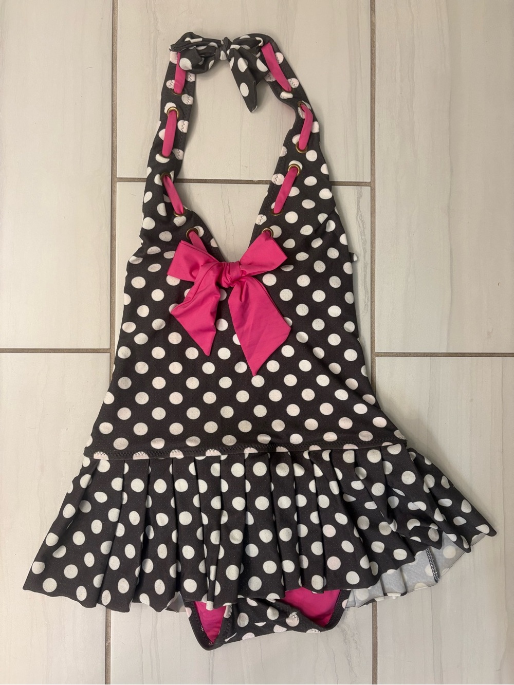 Betsey Johnson Vintage Y2K Polkadot Halter Swimdress with Pink Bow